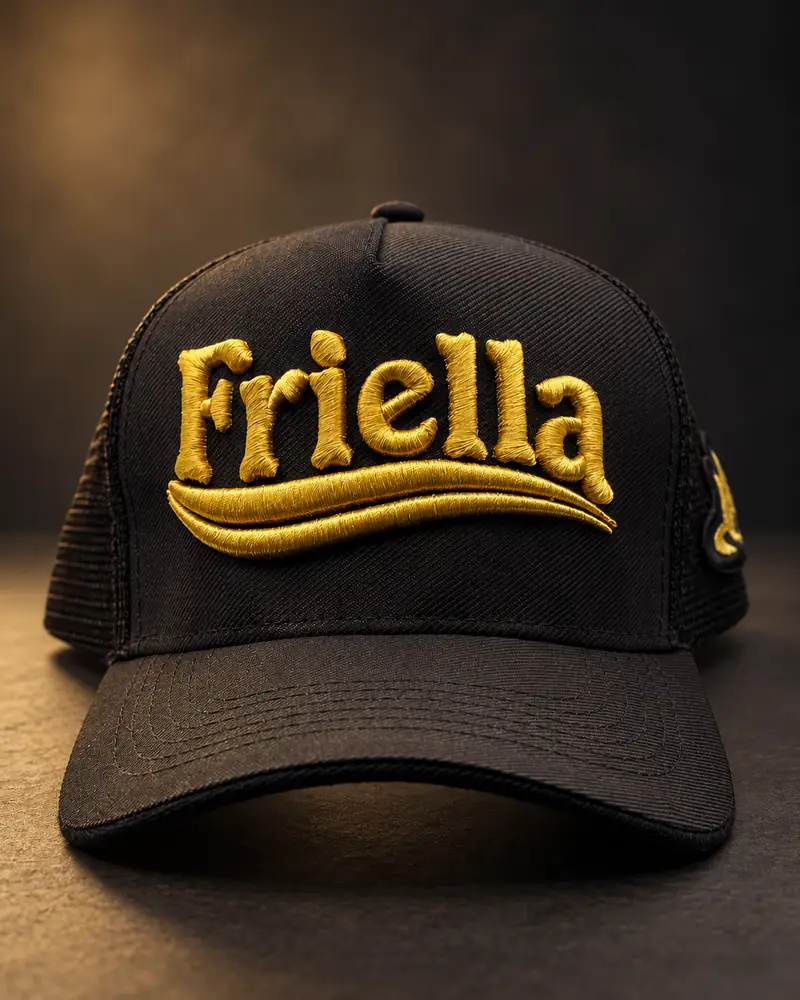 Boné preto com a logo Friella em bordado 3D dourado