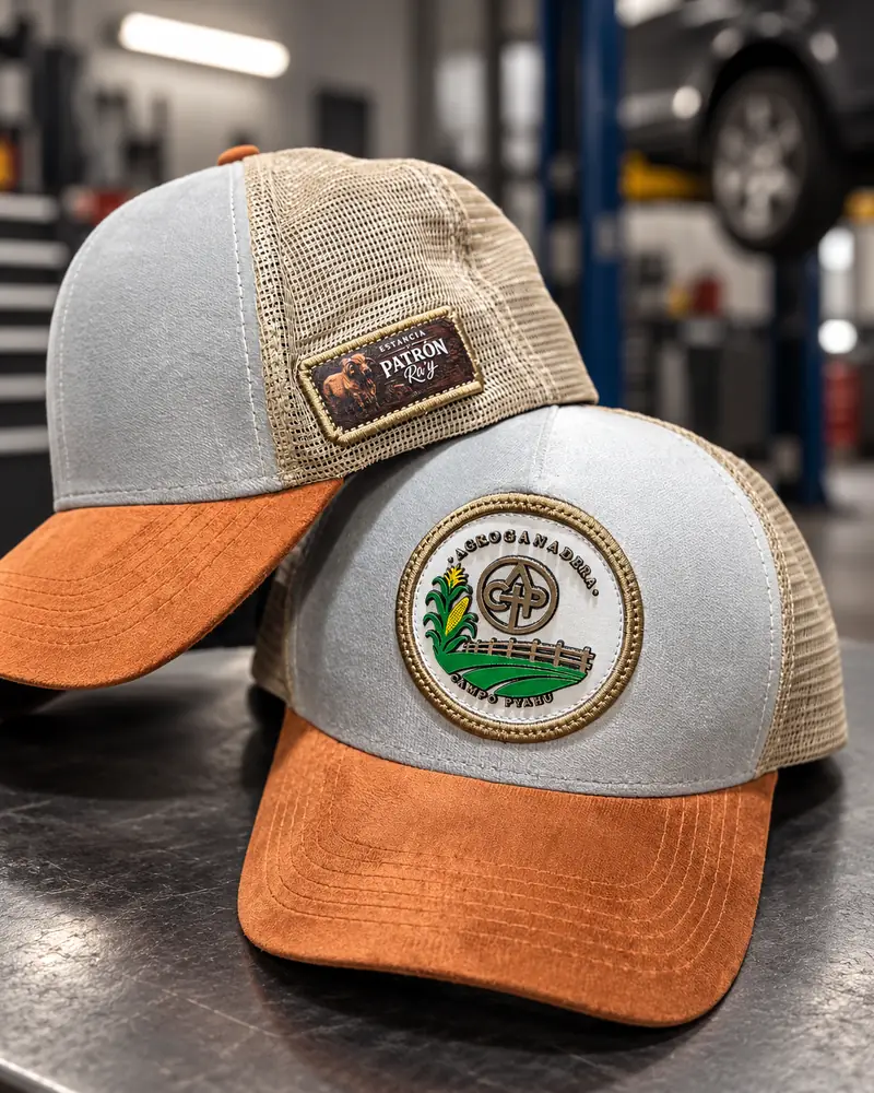 Bonés trucker com o patch da Estancia Patrón e aba de suede caramelo