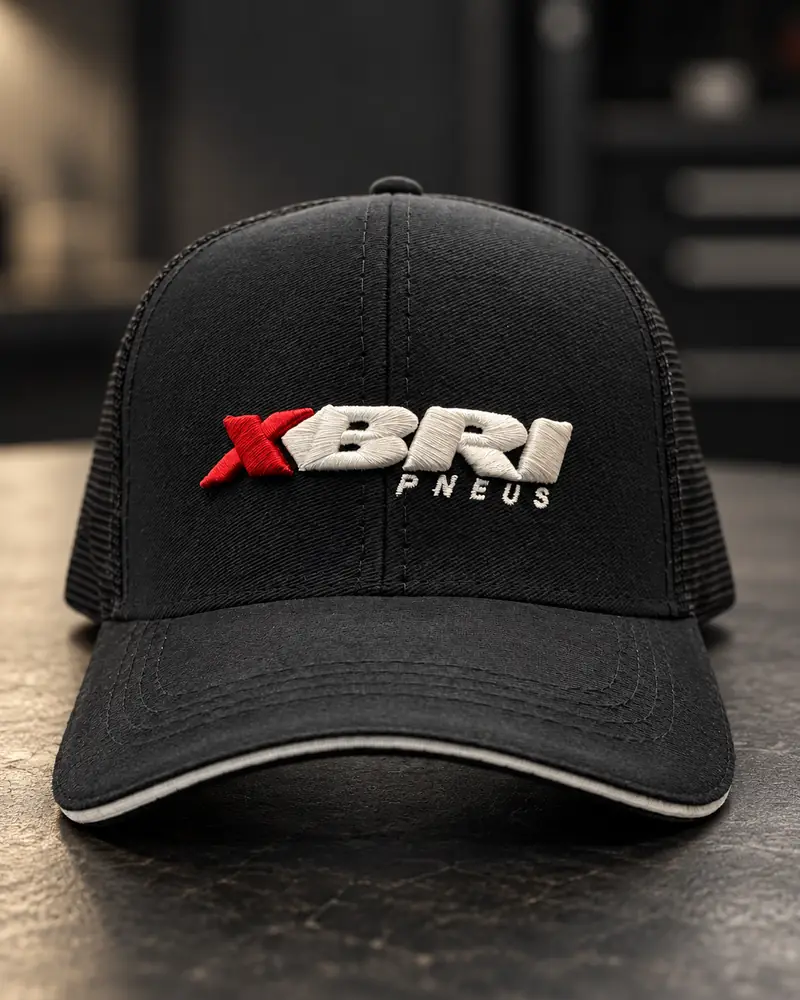 Boné preto da XBRI Pneus com a logo em bordado 3D